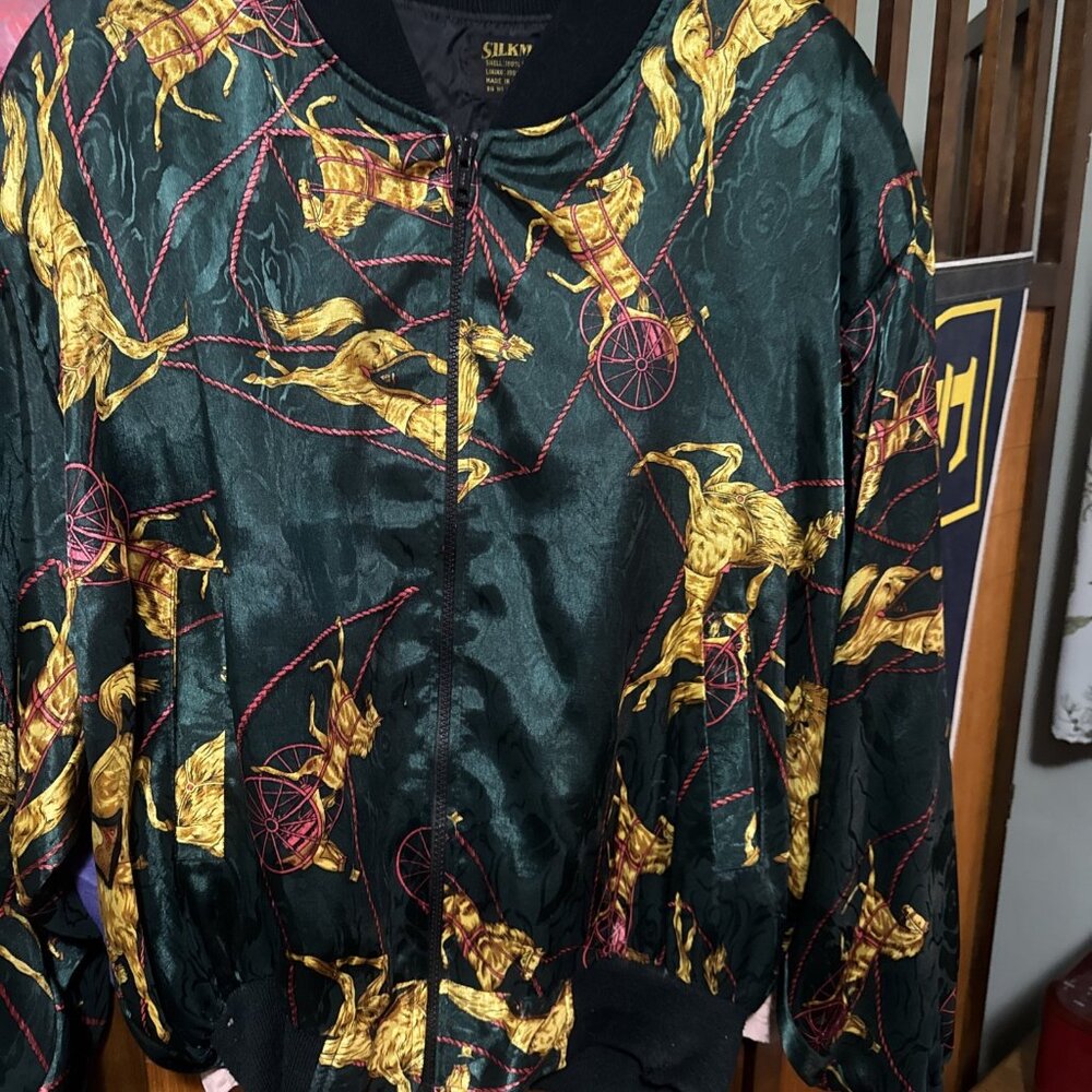 Vtg Silkmill Bomber Jacket Equestrian Horse print Quilted Lined Womens sz 10-12